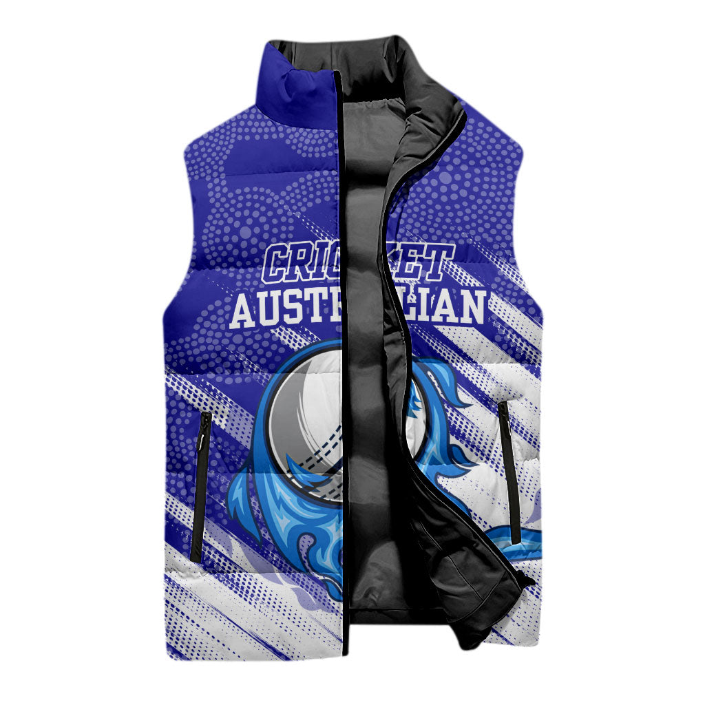 Cricket Australian Sleeveless Puffer Jacket Blue Fire Ball Graphic With Aboriginal Dot Art Style