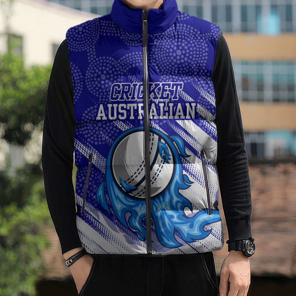 Cricket Australian Sleeveless Puffer Jacket Blue Fire Ball Graphic With Aboriginal Dot Art Style