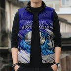Cricket Australian Sleeveless Puffer Jacket Blue Fire Ball Graphic With Aboriginal Dot Art Style