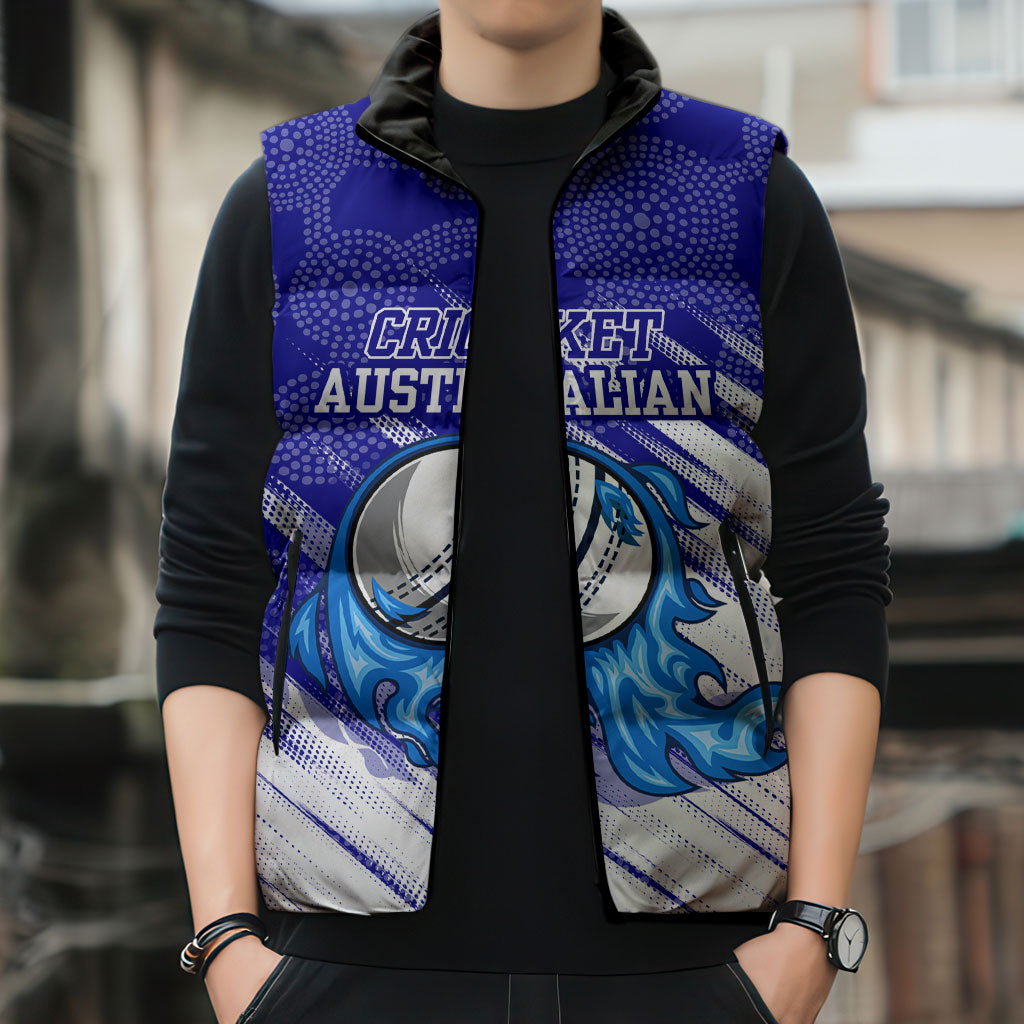 Cricket Australian Sleeveless Puffer Jacket Blue Fire Ball Graphic With Aboriginal Dot Art Style