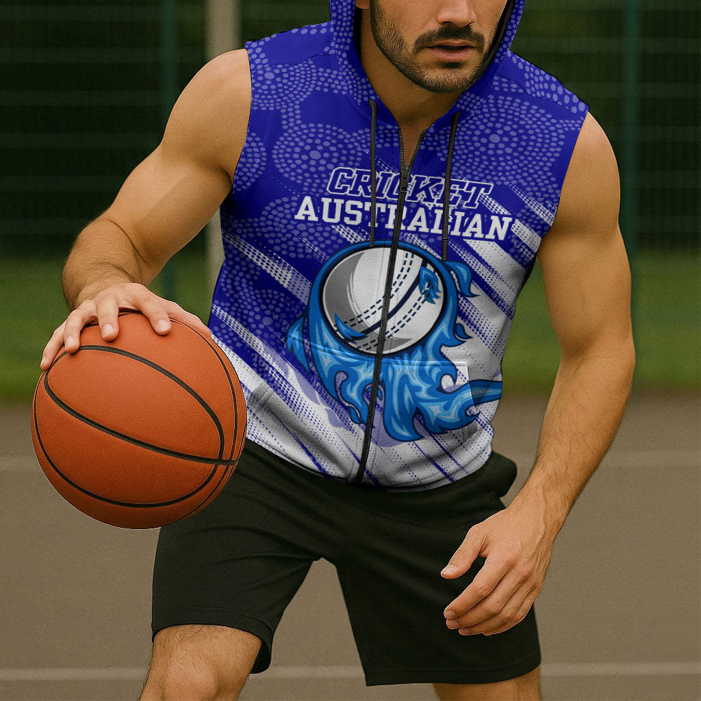 Cricket Australian Sleeveless Zip Hoodie Blue Fire Ball Graphic With Aboriginal Dot Art Style
