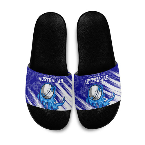 Cricket Australian Slide Sandals Blue Fire Ball Graphic With Aboriginal Dot Art Style