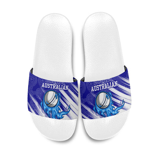 Cricket Australian Slide Sandals Blue Fire Ball Graphic With Aboriginal Dot Art Style