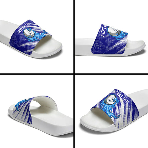 Cricket Australian Slide Sandals Blue Fire Ball Graphic With Aboriginal Dot Art Style