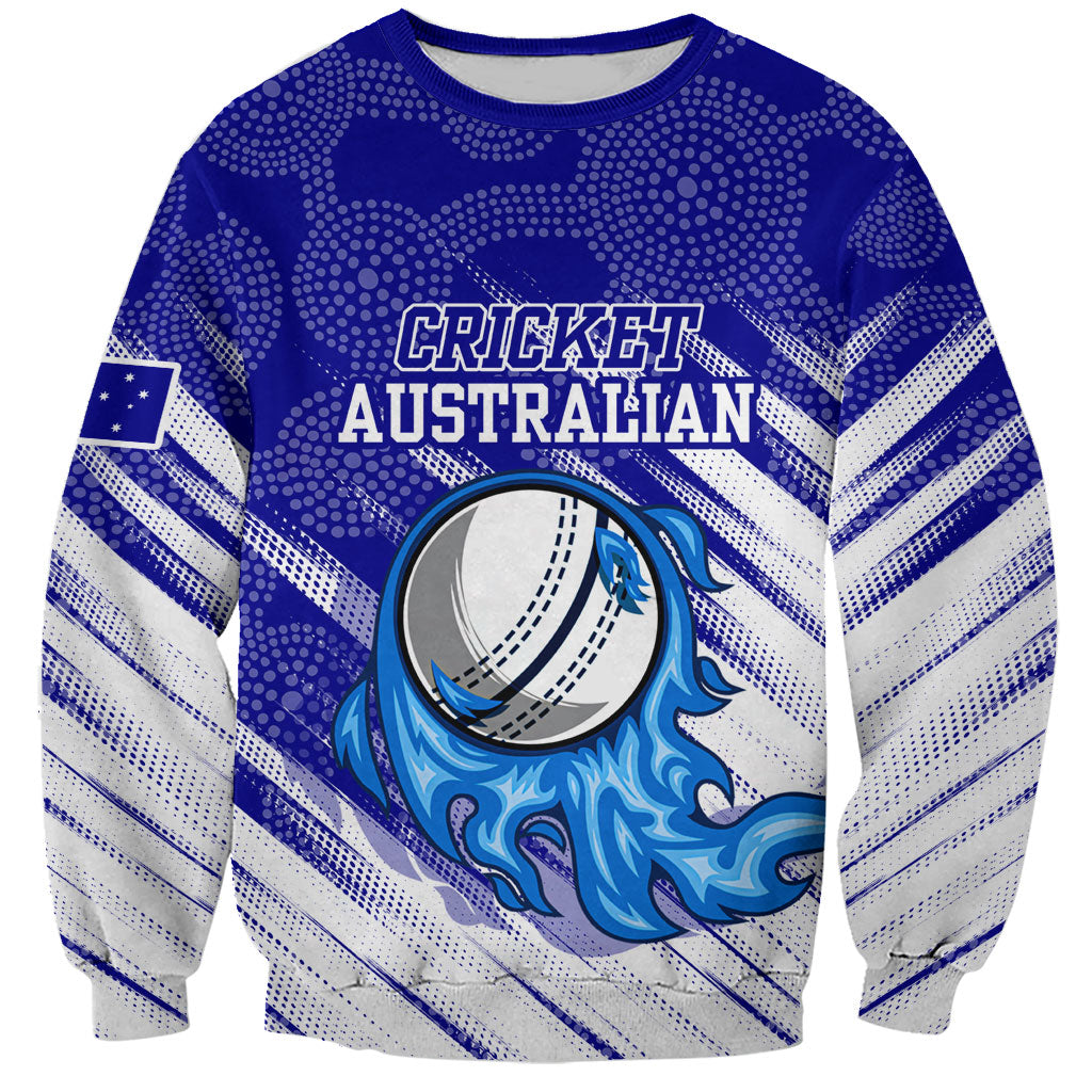 Cricket Australian Sweatshirt Blue Fire Ball Graphic With Aboriginal Dot Art Style