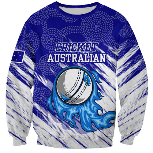 Cricket Australian Sweatshirt Blue Fire Ball Graphic With Aboriginal Dot Art Style