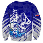 Cricket Australian Sweatshirt Blue Fire Ball Graphic With Aboriginal Dot Art Style