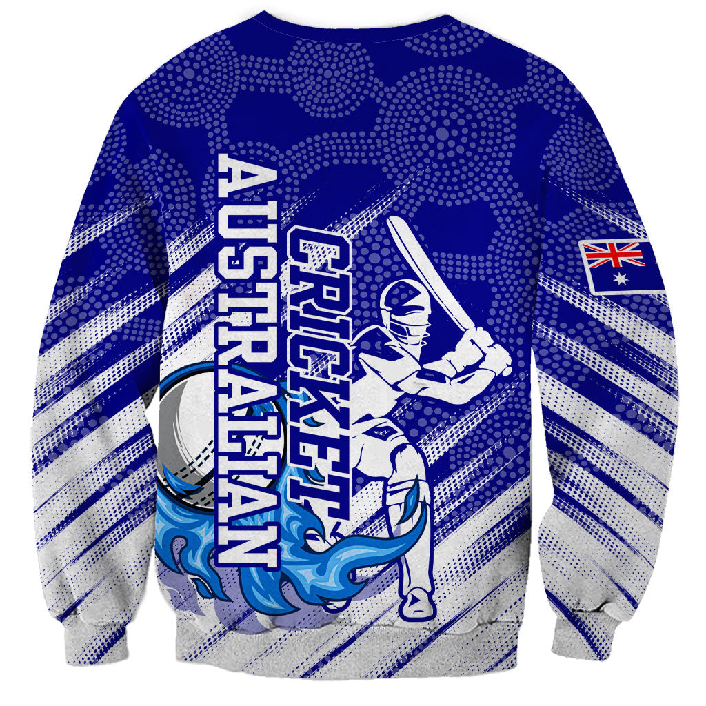 Cricket Australian Sweatshirt Blue Fire Ball Graphic With Aboriginal Dot Art Style