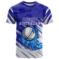 Cricket Australian T Shirt Blue Fire Ball Graphic With Aboriginal Dot Art Style