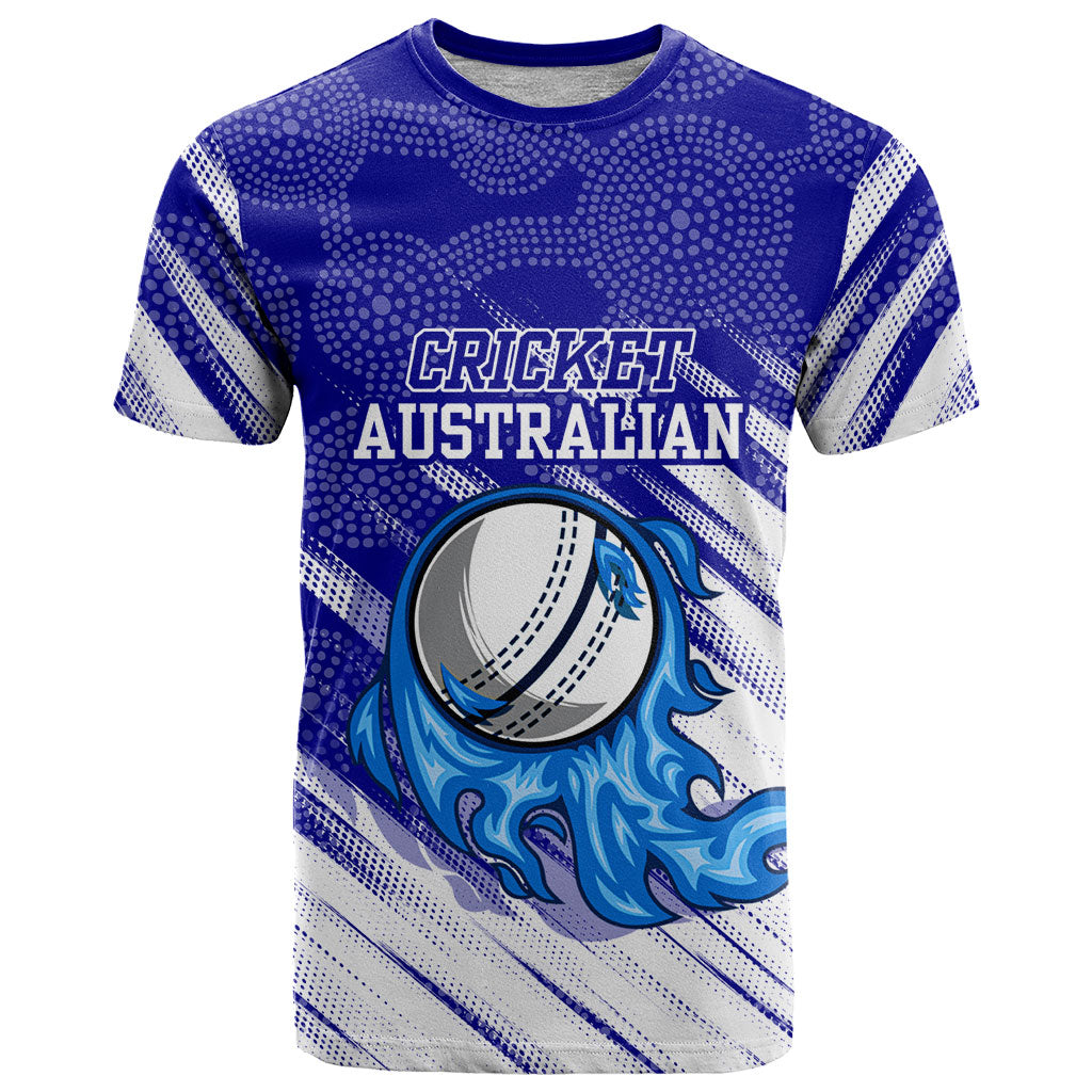 Cricket Australian T Shirt Blue Fire Ball Graphic With Aboriginal Dot Art Style
