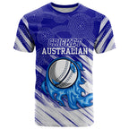 Cricket Australian T Shirt Blue Fire Ball Graphic With Aboriginal Dot Art Style