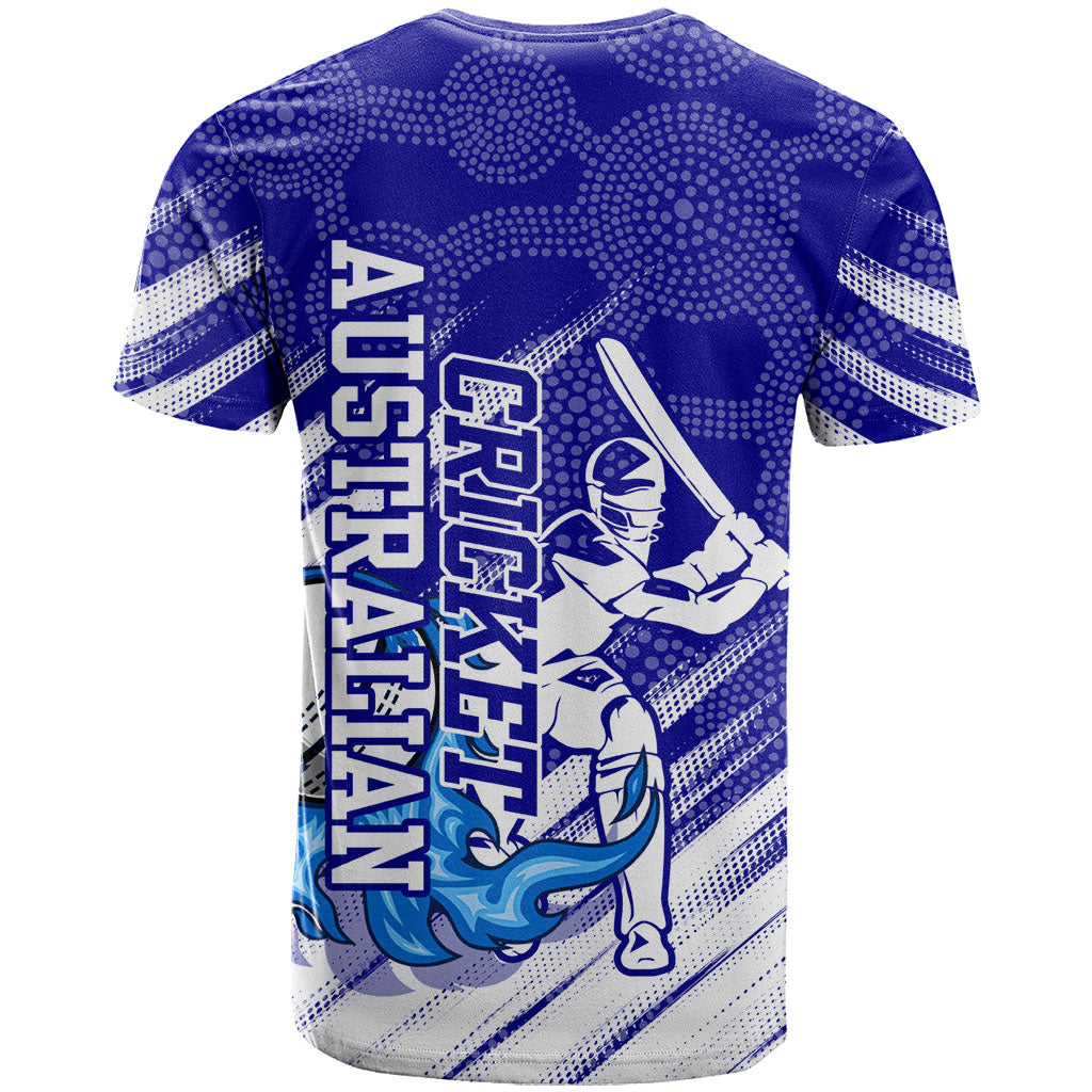 Cricket Australian T Shirt Blue Fire Ball Graphic With Aboriginal Dot Art Style