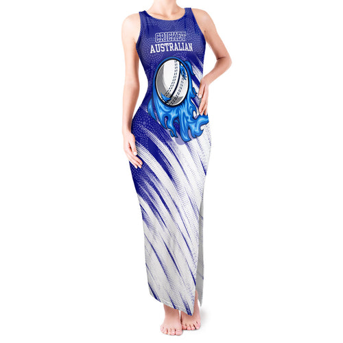Cricket Australian Tank Maxi Dress Blue Fire Ball Graphic With Aboriginal Dot Art Style