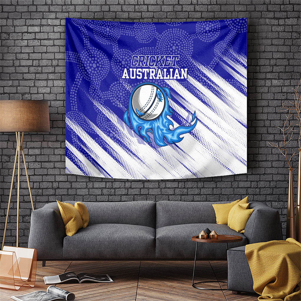 Cricket Australian Tapestry Blue Fire Ball Graphic With Aboriginal Dot Art Style