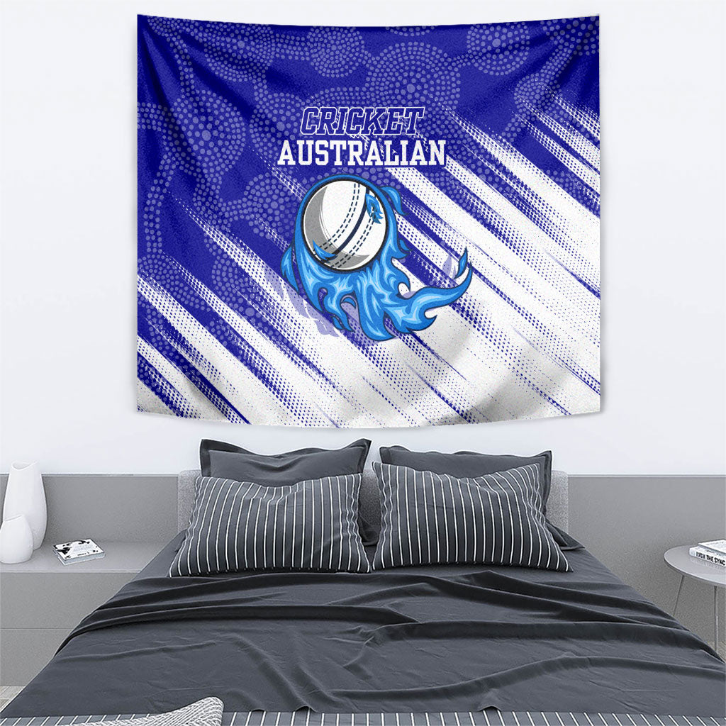 Cricket Australian Tapestry Blue Fire Ball Graphic With Aboriginal Dot Art Style