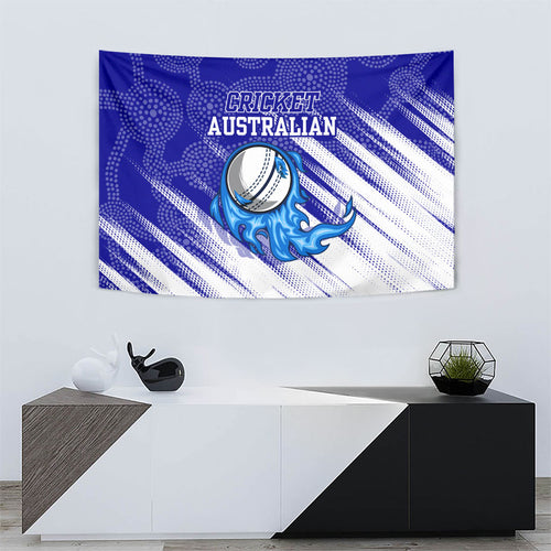 Cricket Australian Tapestry Blue Fire Ball Graphic With Aboriginal Dot Art Style