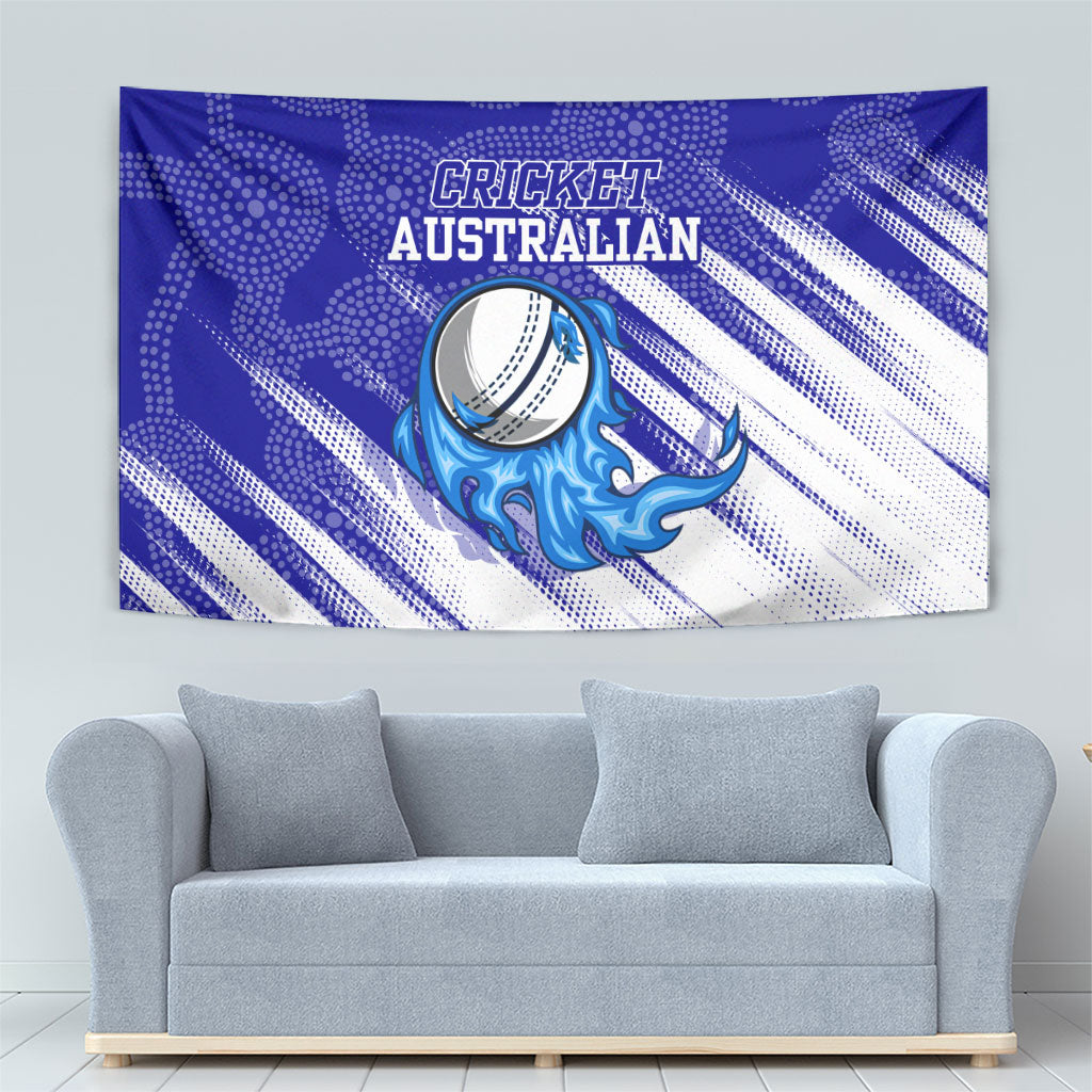 Cricket Australian Tapestry Blue Fire Ball Graphic With Aboriginal Dot Art Style