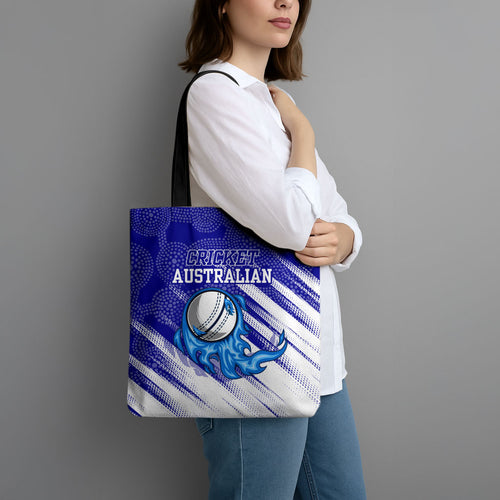 Cricket Australian Tote Bag Blue Fire Ball Graphic With Aboriginal Dot Art Style
