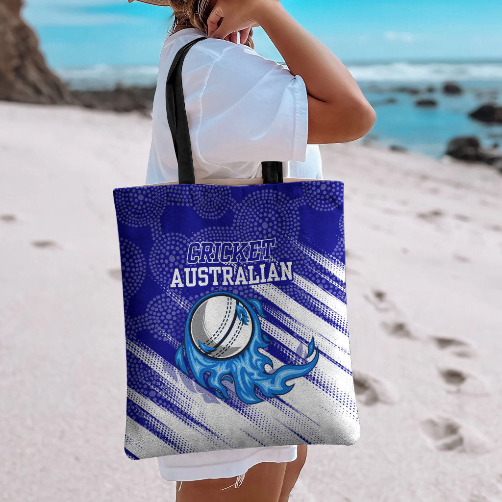 Cricket Australian Tote Bag Blue Fire Ball Graphic With Aboriginal Dot Art Style