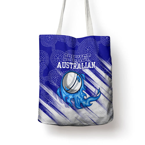 Cricket Australian Tote Bag Blue Fire Ball Graphic With Aboriginal Dot Art Style