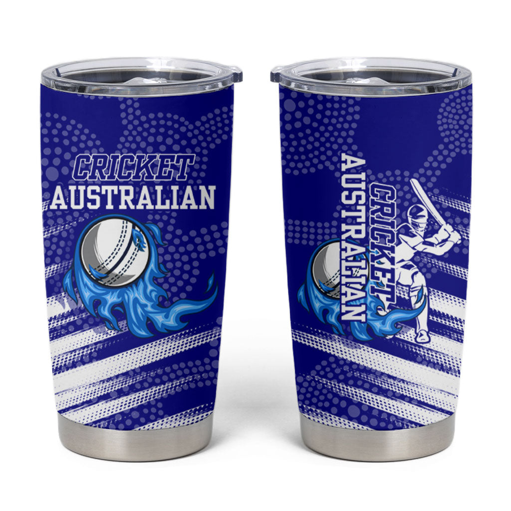 Cricket Australian Tumbler Cup Blue Fire Ball Graphic With Aboriginal Dot Art Style