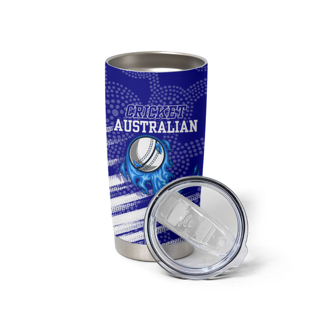 Cricket Australian Tumbler Cup Blue Fire Ball Graphic With Aboriginal Dot Art Style