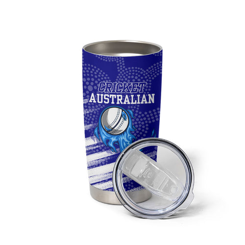 Cricket Australian Tumbler Cup Blue Fire Ball Graphic With Aboriginal Dot Art Style
