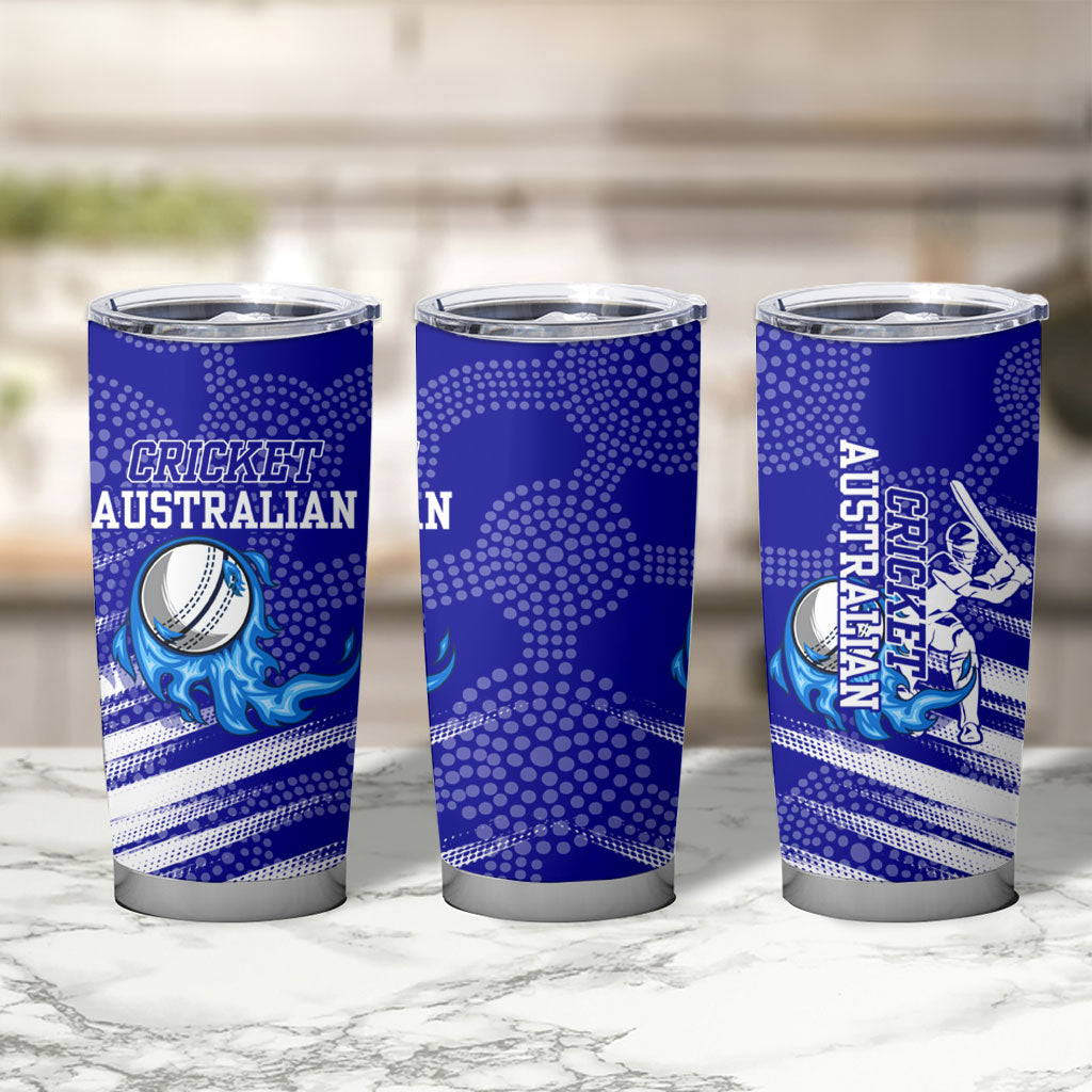 Cricket Australian Tumbler Cup Blue Fire Ball Graphic With Aboriginal Dot Art Style