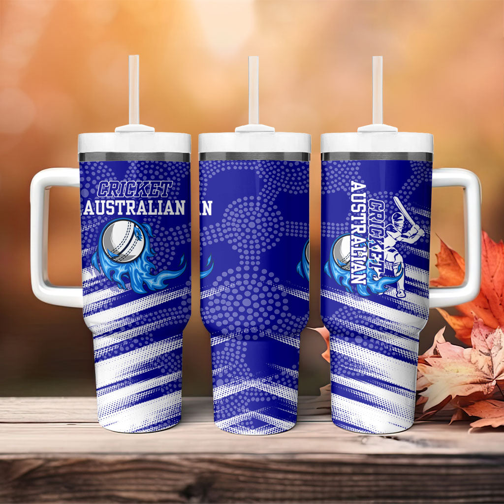 Cricket Australian Tumbler With Handle Blue Fire Ball Graphic With Aboriginal Dot Art Style