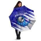 Cricket Australian Umbrella Blue Fire Ball Graphic With Aboriginal Dot Art Style