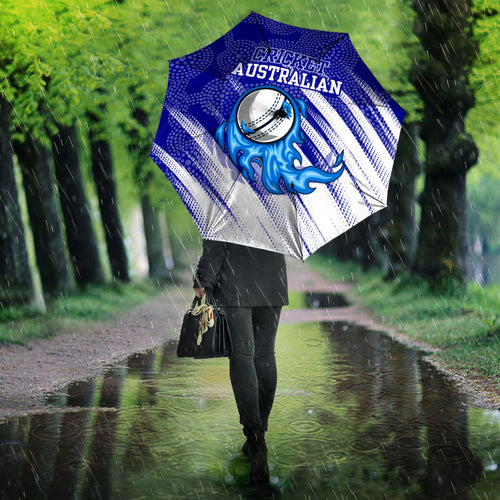 Cricket Australian Umbrella Blue Fire Ball Graphic With Aboriginal Dot Art Style