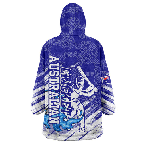 Cricket Australian Wearable Blanket Hoodie Blue Fire Ball Graphic With Aboriginal Dot Art Style