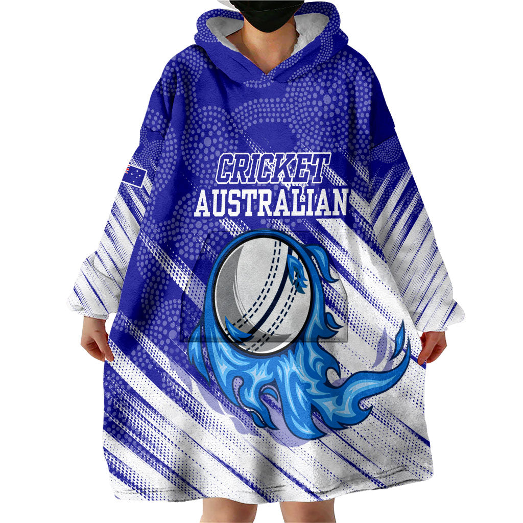 Cricket Australian Wearable Blanket Hoodie Blue Fire Ball Graphic With Aboriginal Dot Art Style