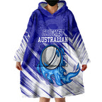 Cricket Australian Wearable Blanket Hoodie Blue Fire Ball Graphic With Aboriginal Dot Art Style