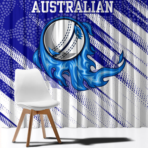Cricket Australian Window Curtain Blue Fire Ball Graphic With Aboriginal Dot Art Style