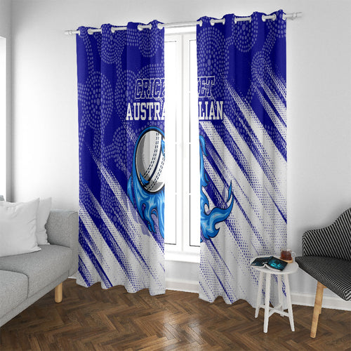 Cricket Australian Window Curtain Blue Fire Ball Graphic With Aboriginal Dot Art Style