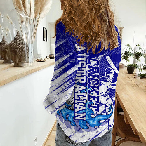 Cricket Australian Women Casual Shirt Blue Fire Ball Graphic With Aboriginal Dot Art Style