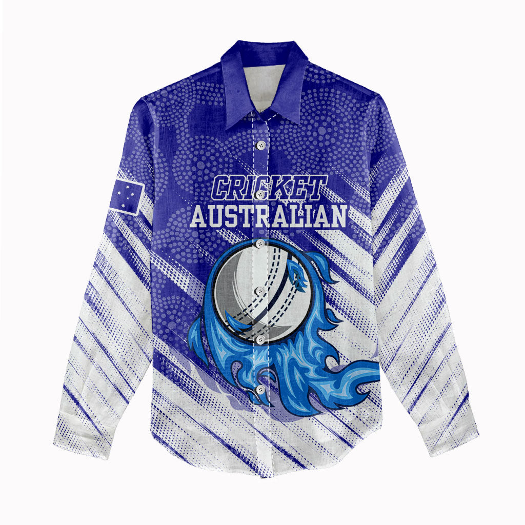 Cricket Australian Women Casual Shirt Blue Fire Ball Graphic With Aboriginal Dot Art Style