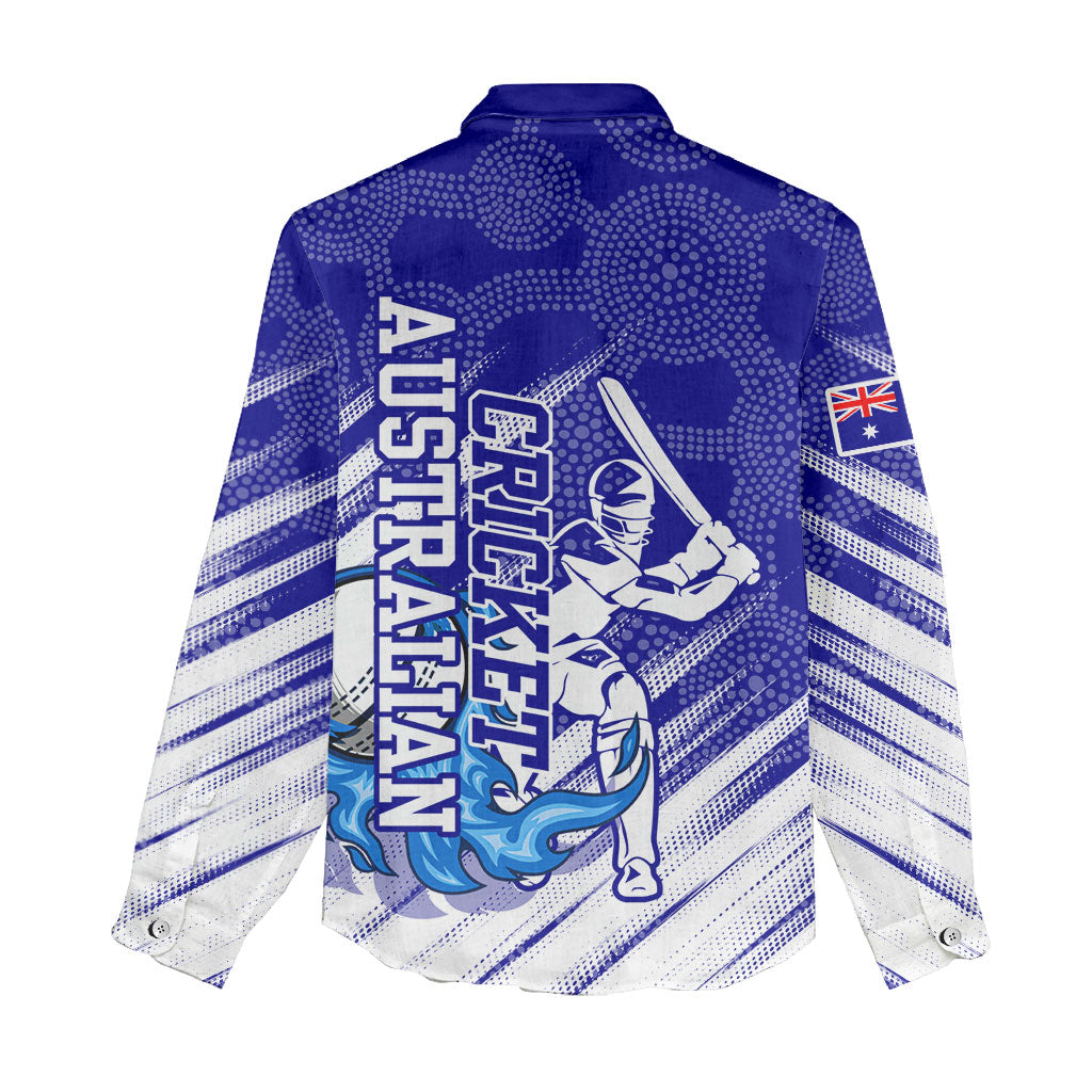 Cricket Australian Women Casual Shirt Blue Fire Ball Graphic With Aboriginal Dot Art Style