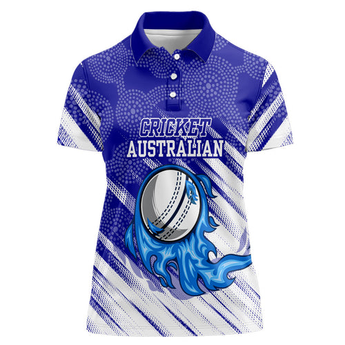 Cricket Australian Women Polo Shirt Blue Fire Ball Graphic With Aboriginal Dot Art Style