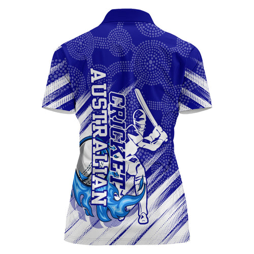 Cricket Australian Women Polo Shirt Blue Fire Ball Graphic With Aboriginal Dot Art Style