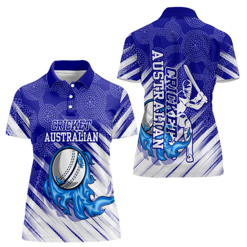 Cricket Australian Women Polo Shirt Blue Fire Ball Graphic With Aboriginal Dot Art Style