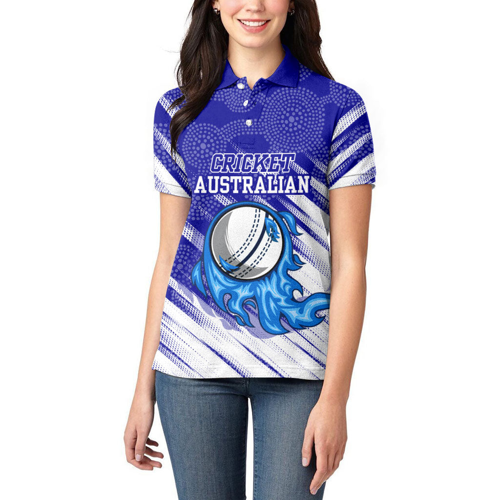 Cricket Australian Women Polo Shirt Blue Fire Ball Graphic With Aboriginal Dot Art Style