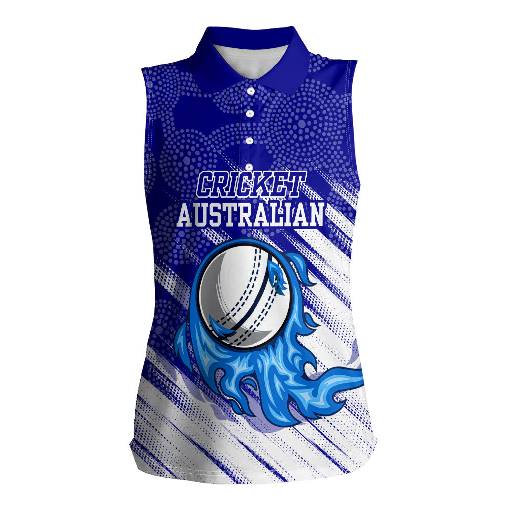 Cricket Australian Women Sleeveless Polo Shirt Blue Fire Ball Graphic With Aboriginal Dot Art Style