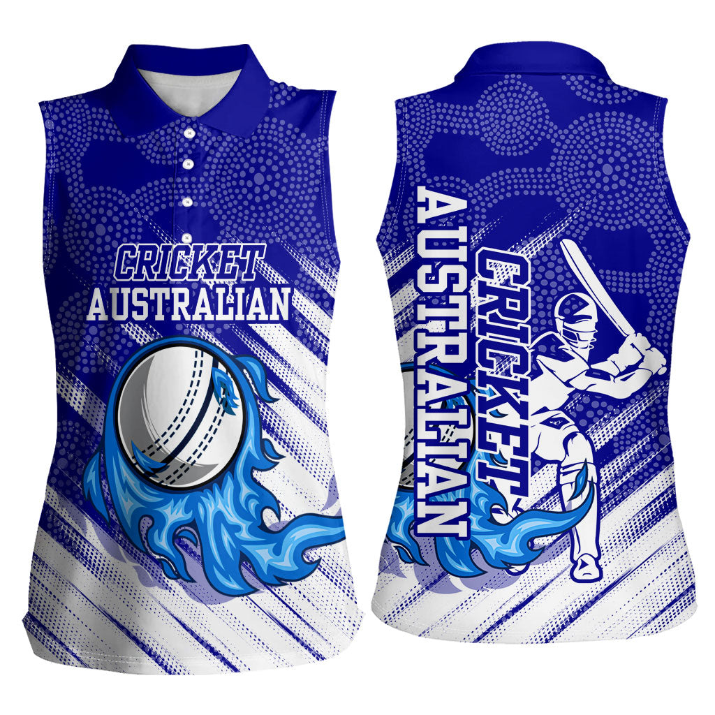 Cricket Australian Women Sleeveless Polo Shirt Blue Fire Ball Graphic With Aboriginal Dot Art Style