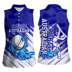 Cricket Australian Women Sleeveless Polo Shirt Blue Fire Ball Graphic With Aboriginal Dot Art Style