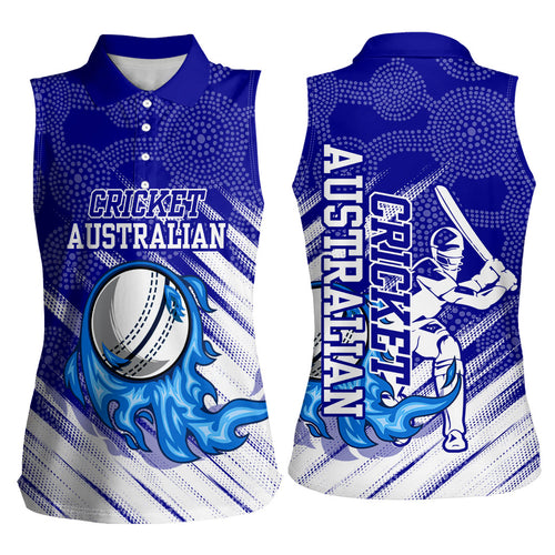Cricket Australian Women Sleeveless Polo Shirt Blue Fire Ball Graphic With Aboriginal Dot Art Style