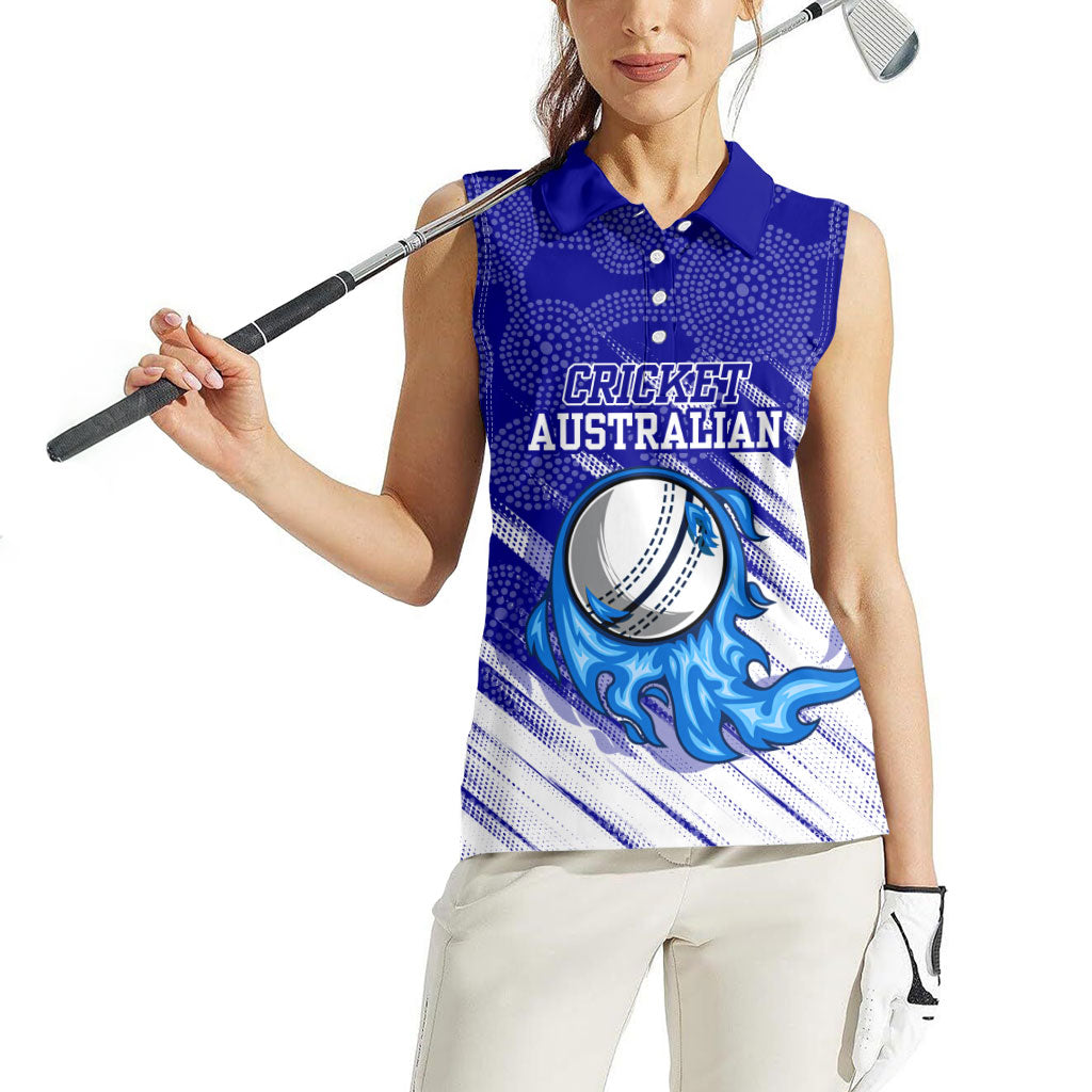 Cricket Australian Women Sleeveless Polo Shirt Blue Fire Ball Graphic With Aboriginal Dot Art Style