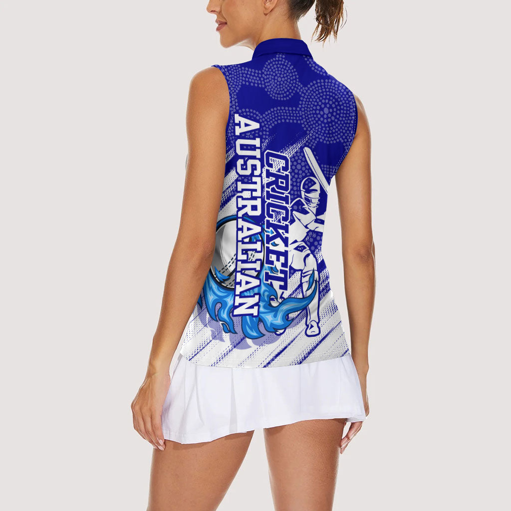 Cricket Australian Women Sleeveless Polo Shirt Blue Fire Ball Graphic With Aboriginal Dot Art Style