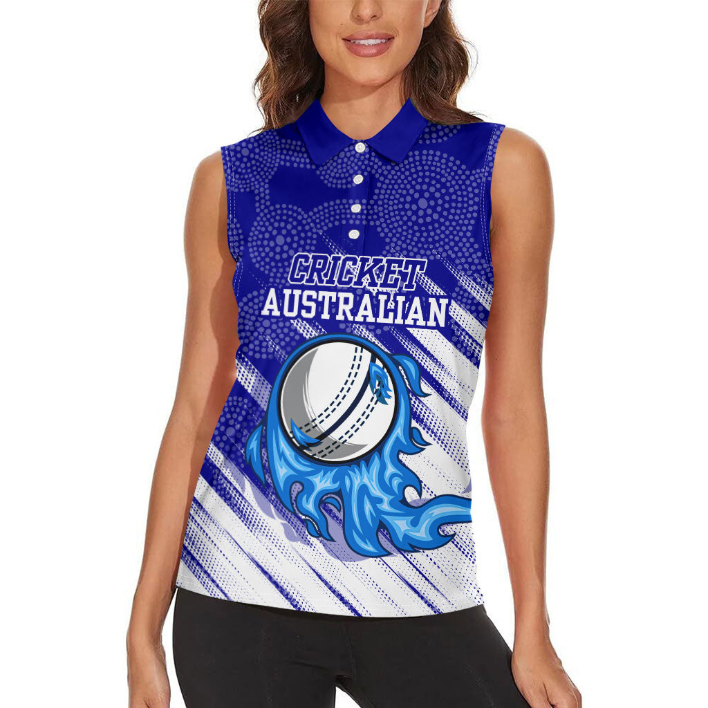 Cricket Australian Women Sleeveless Polo Shirt Blue Fire Ball Graphic With Aboriginal Dot Art Style